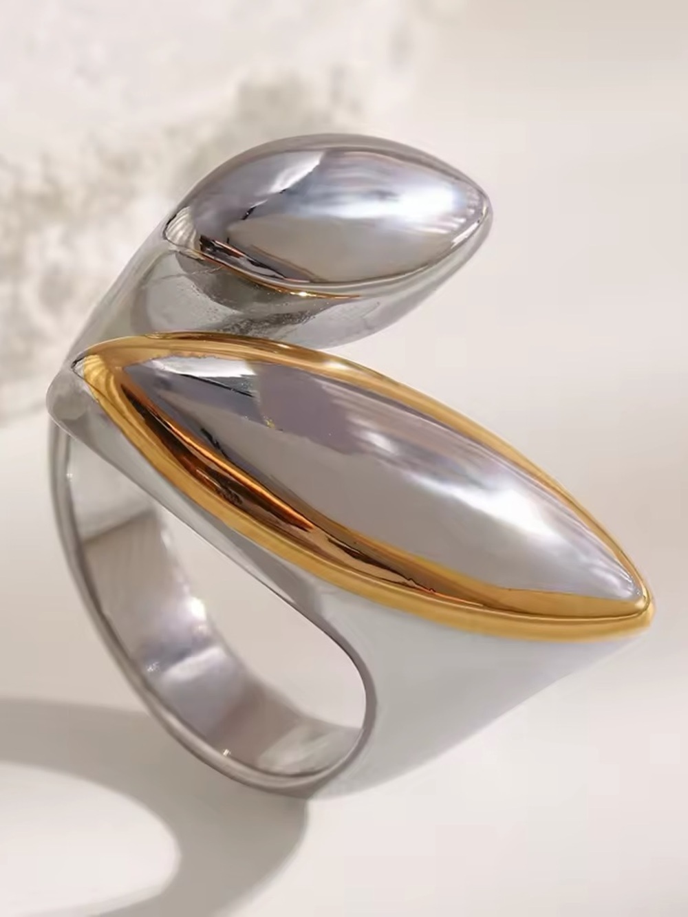 Two-Marquise Open Ring in Silver with Gold Trim - Picture 3 of 10
